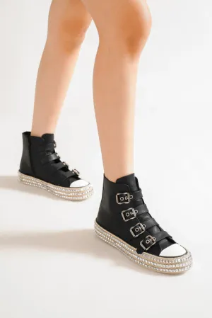 Fashion Multi-Buckle Straps Studded Platform Sneakers