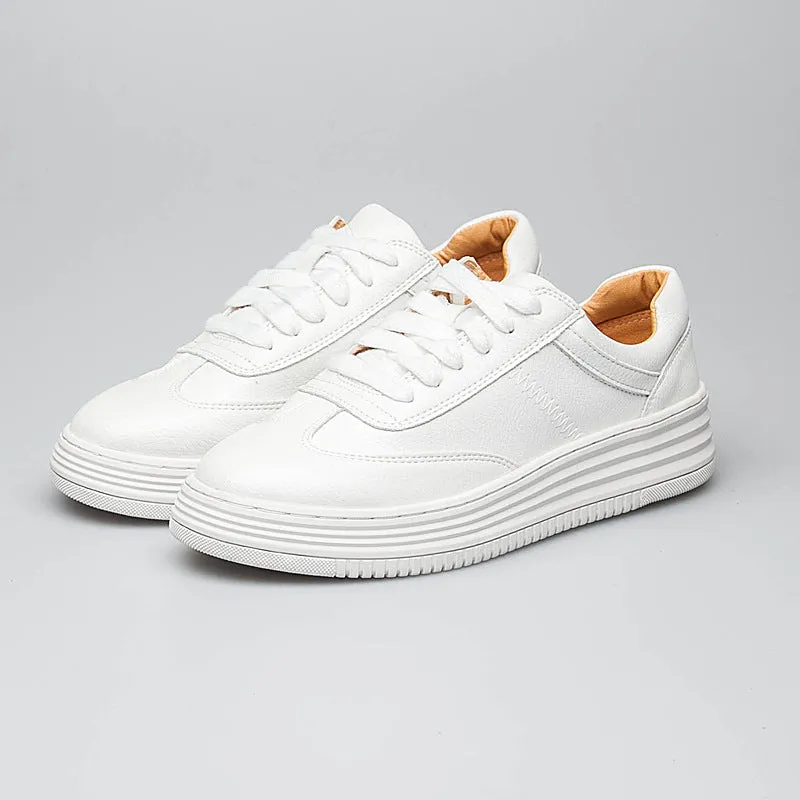 Fashion White Split Leather Women Chunky Sneakers White Shoes