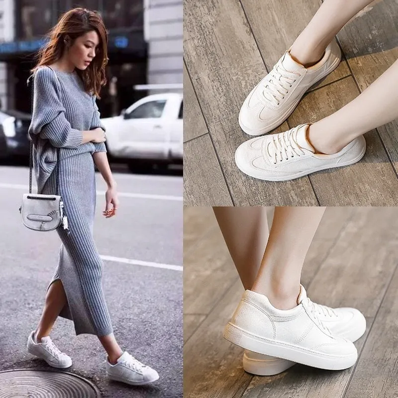 Fashion White Split Leather Women Chunky Sneakers White Shoes