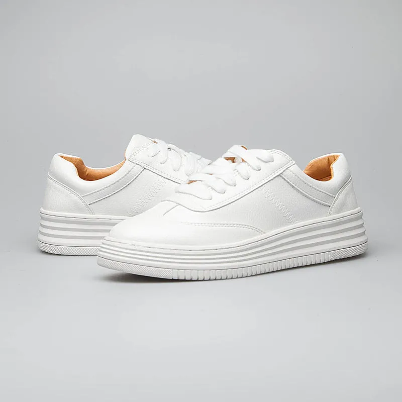 Fashion White Split Leather Women Chunky Sneakers White Shoes