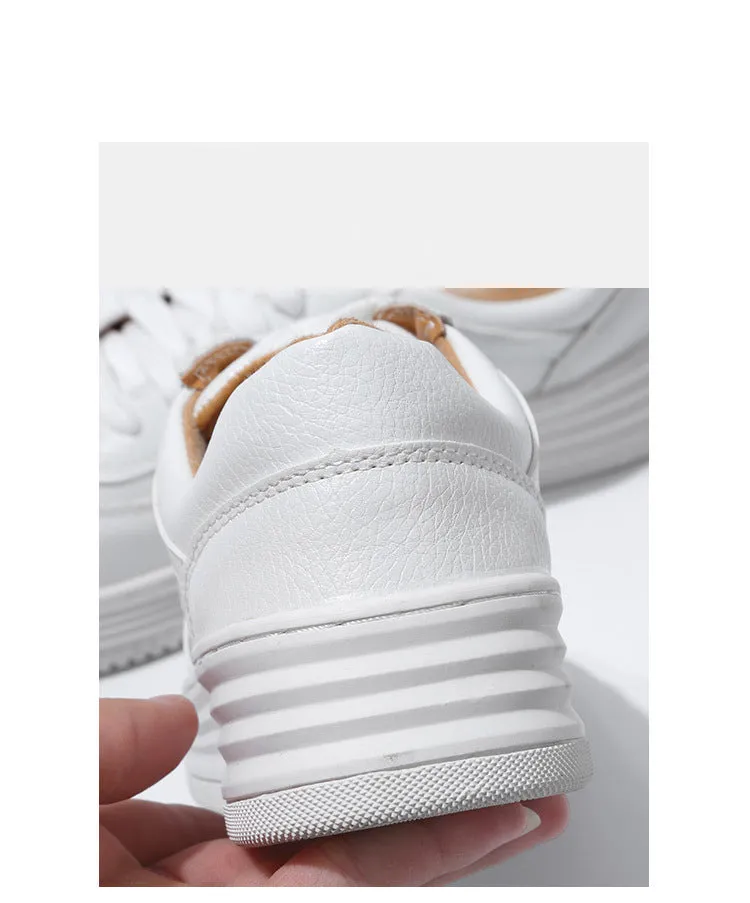 Fashion White Split Leather Women Chunky Sneakers White Shoes