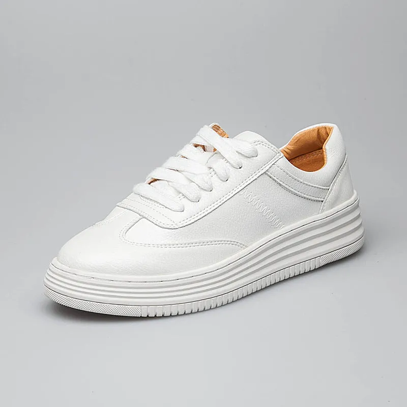 Fashion White Split Leather Women Chunky Sneakers White Shoes