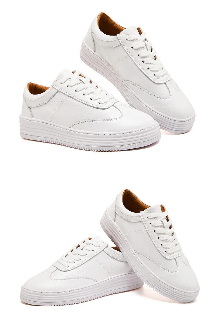 Fashion White Split Leather Women Chunky Sneakers White Shoes