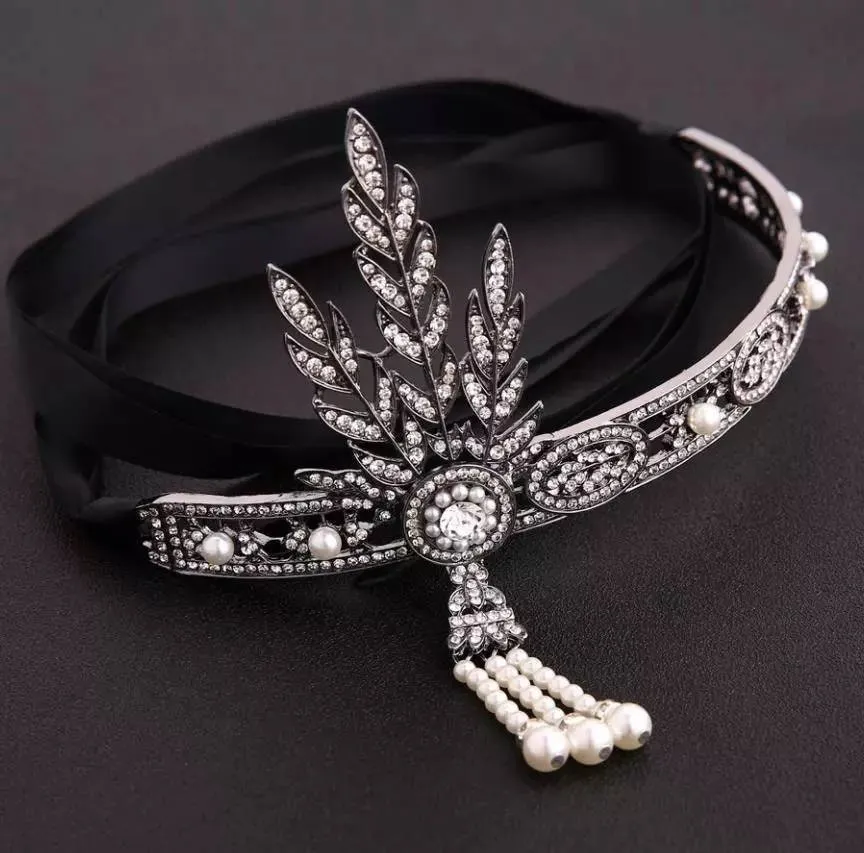 Gatsby Flapper Headband 20's rhinestone pearls art deco headband 1920's Headpiece fascinator, Bridal Headband, Crystal Ribbon Headband