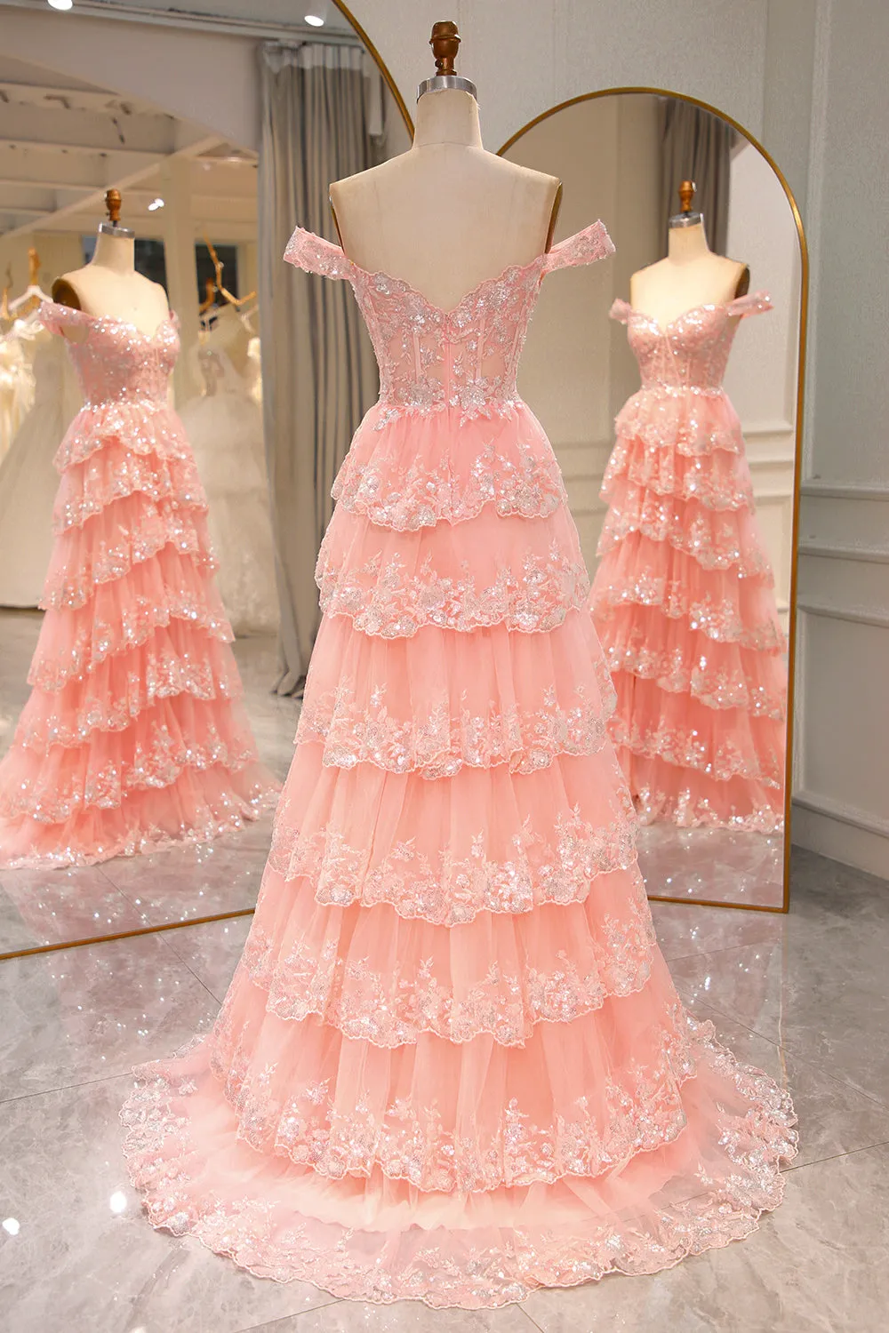 Glitter Blush Tiered A-Line Long Formal Dress with Lace