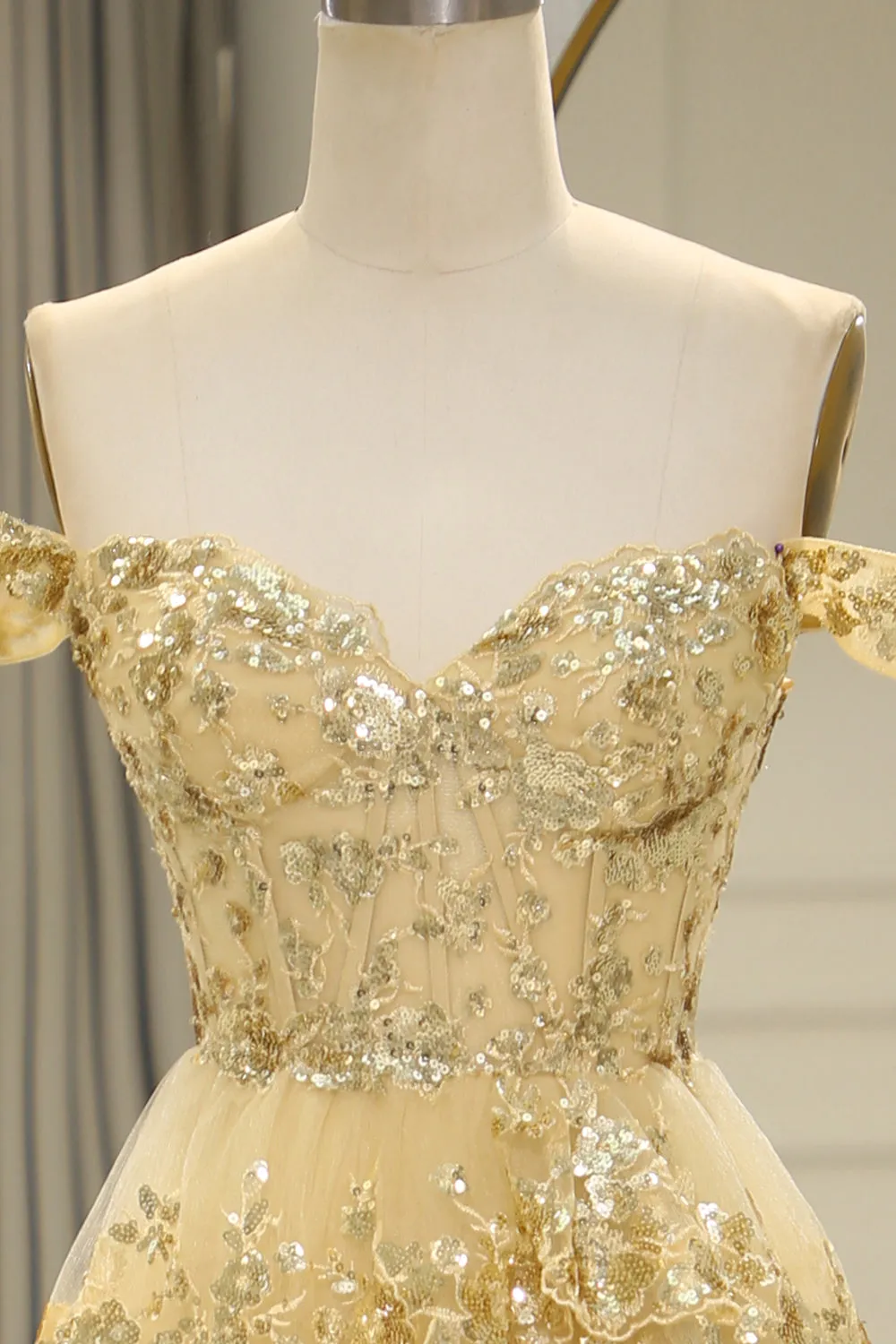 Glitter Golden Tiered A-Line Long Formal Dress with Lace