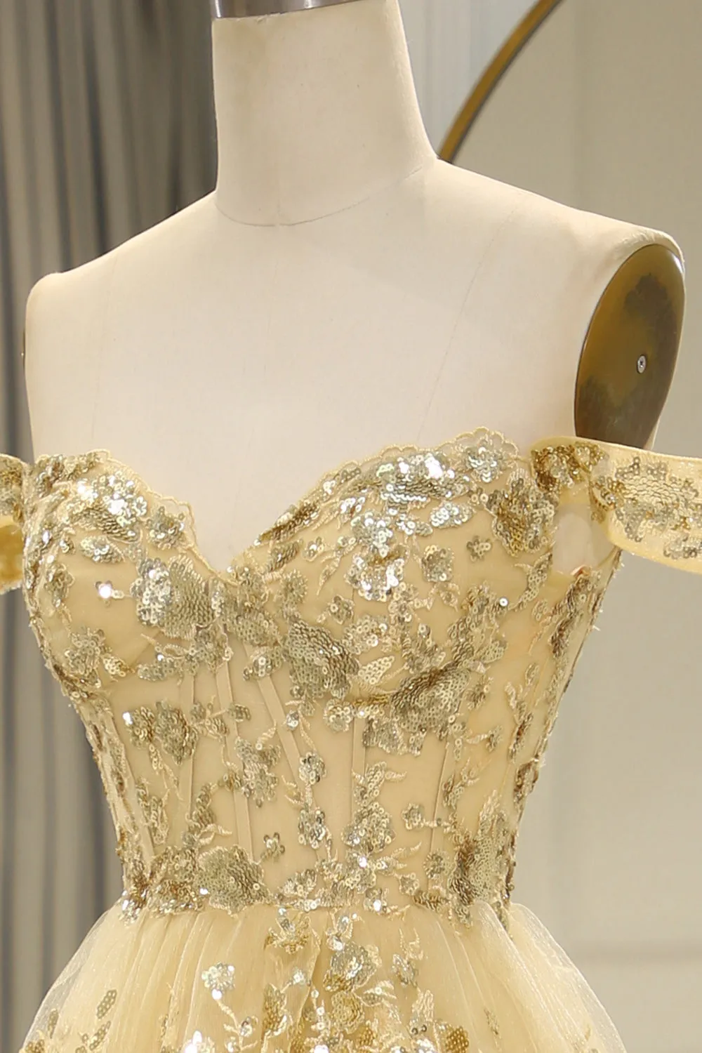 Glitter Golden Tiered A-Line Long Formal Dress with Lace