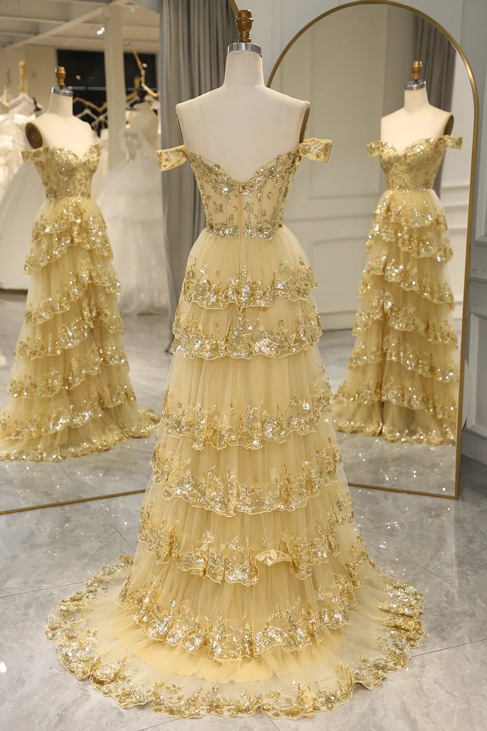 Glitter Golden Tiered A-Line Long Formal Dress with Lace