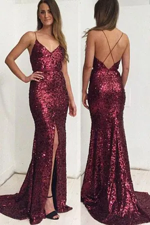 Gorgeous Sequin Mermaid Spaghetti Straps Long Prom Dress with Side Slit, MP230