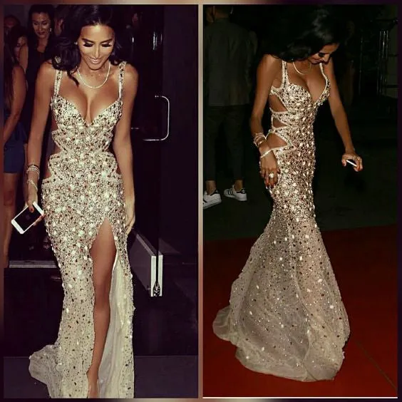 Gorgeous Sexy Heady Beaded Sparkly Side Slit Long Evening Prom Dresses, BG51545