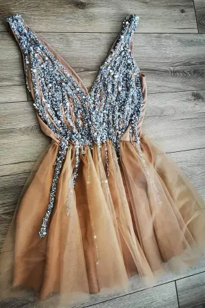 Gorgeous V Neck Peach Homecoming Dress Party Dress with Pearls APH0232