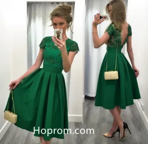 Green Satin A-Line Homecoming Dresses 2017 Beaded Sexy Backless Graduation Dress