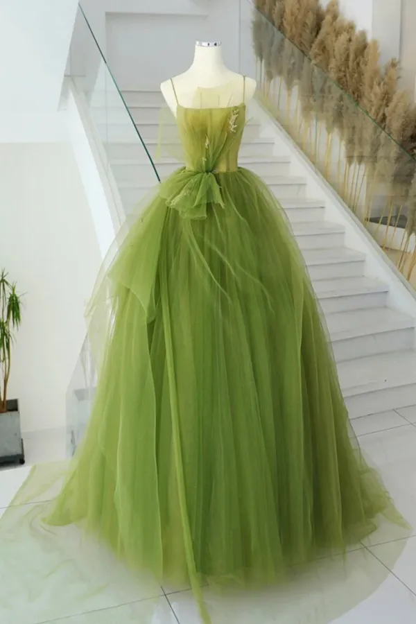 Green Tulle Long Prom Gown, Green Tulle Long Evening Dress APP0876