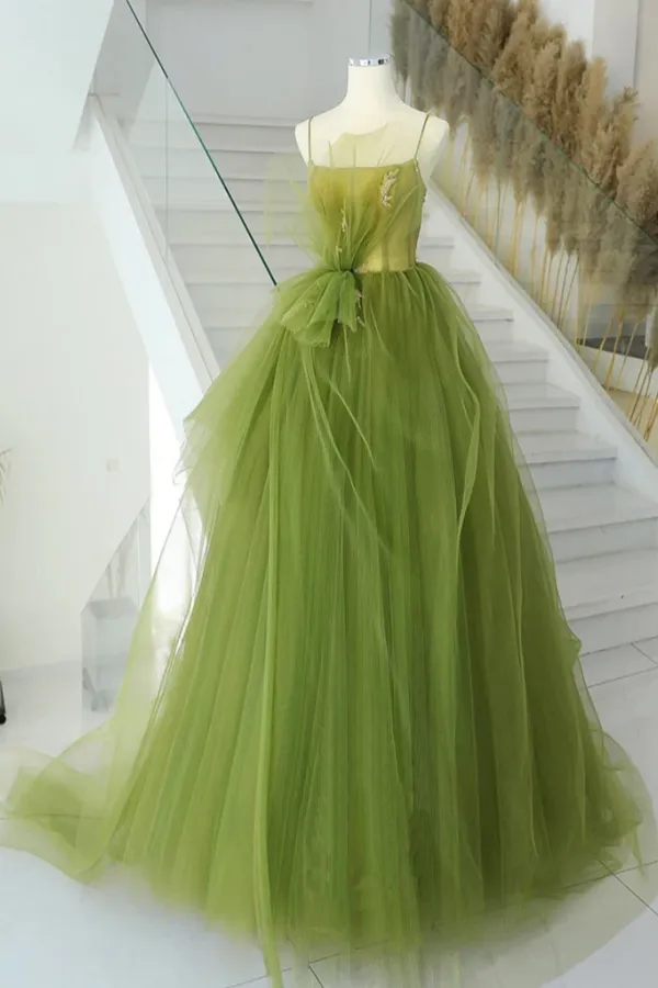 Green Tulle Long Prom Gown, Green Tulle Long Evening Dress APP0876
