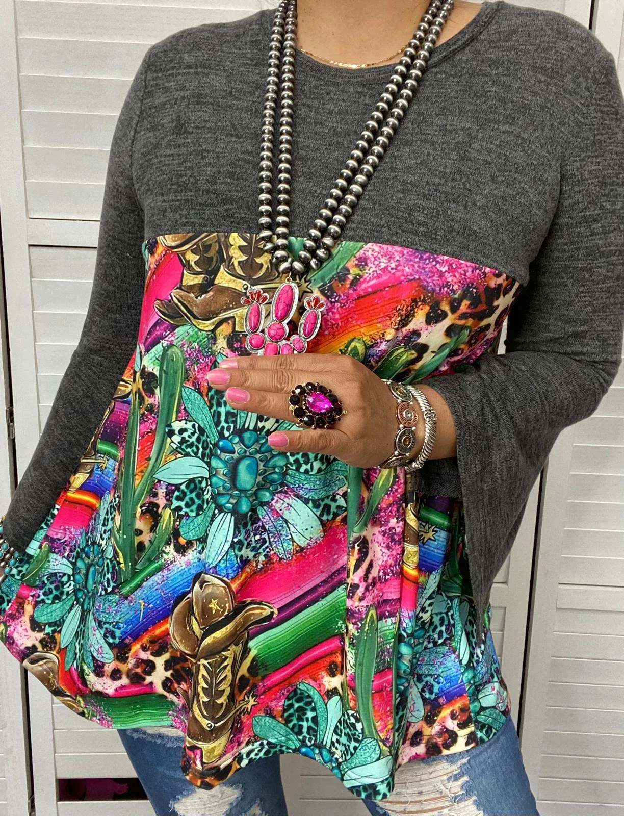 Grey Flutter Top with Western print graphics