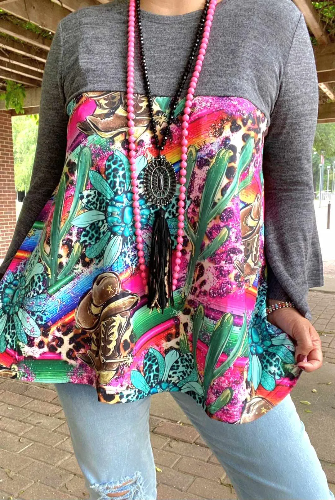 Grey Flutter Top with Western print graphics