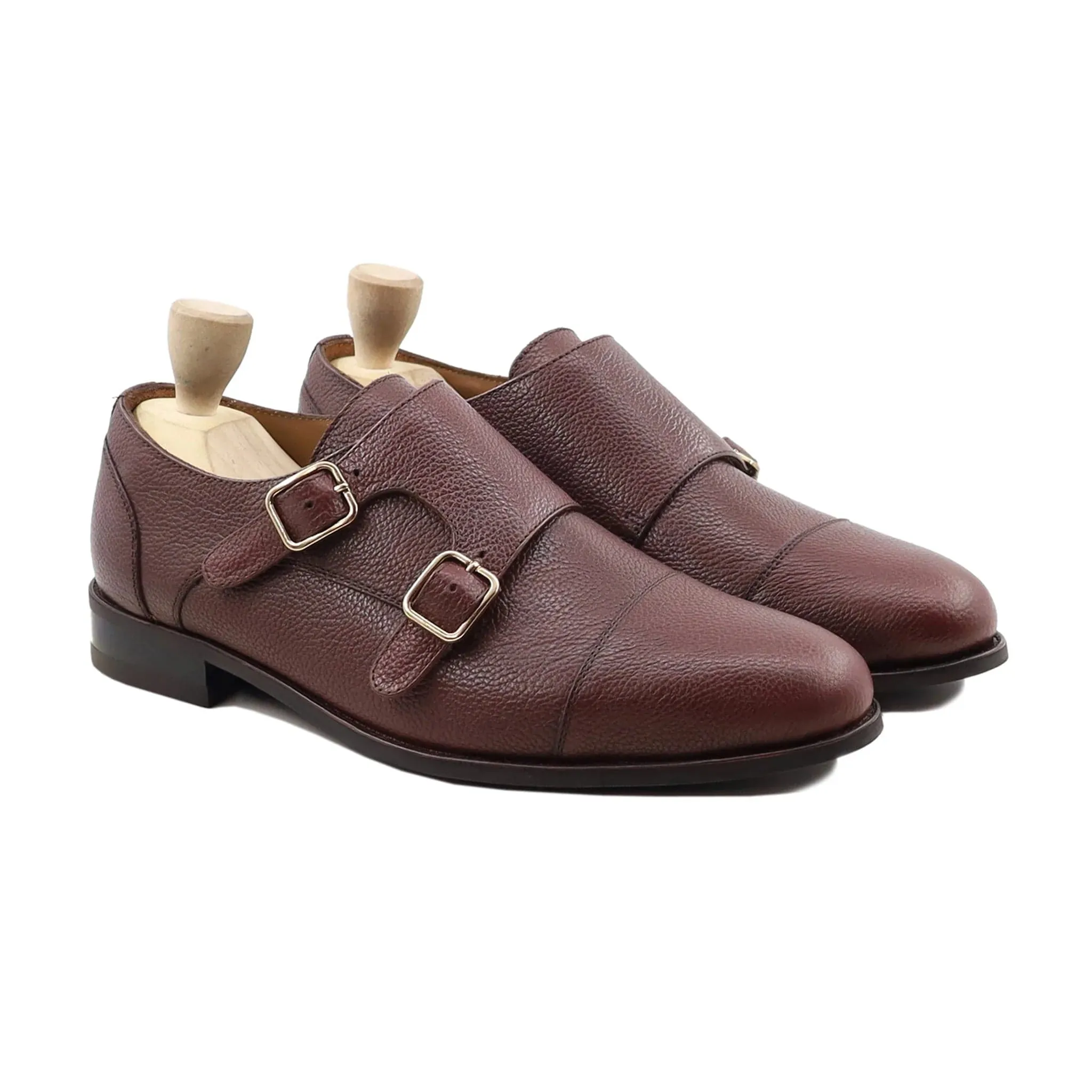 Handmade Custom Men Pebble Grain Leather Double Monkstrap Shoes