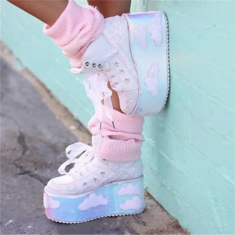 High Platform Cloud Sneakers Wedges Bling Bling Spice Girl Shoes Sky Platform Sneakers Laces High Heel Shoes Casual Street Shoes