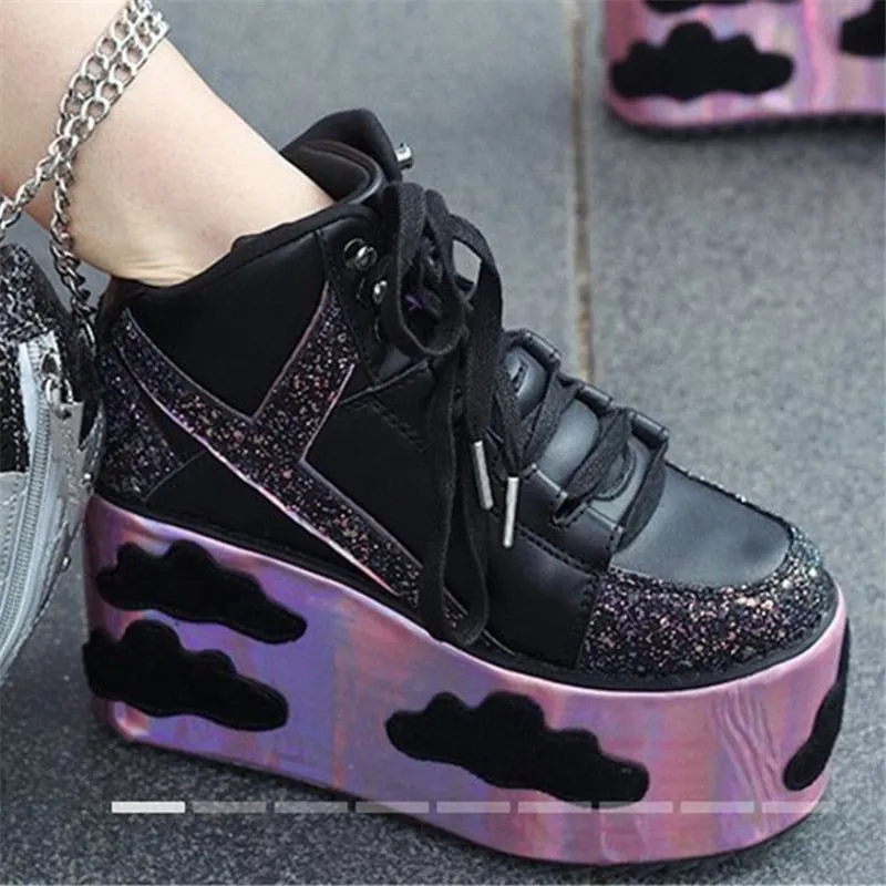 High Platform Cloud Sneakers Wedges Bling Bling Spice Girl Shoes Sky Platform Sneakers Laces High Heel Shoes Casual Street Shoes