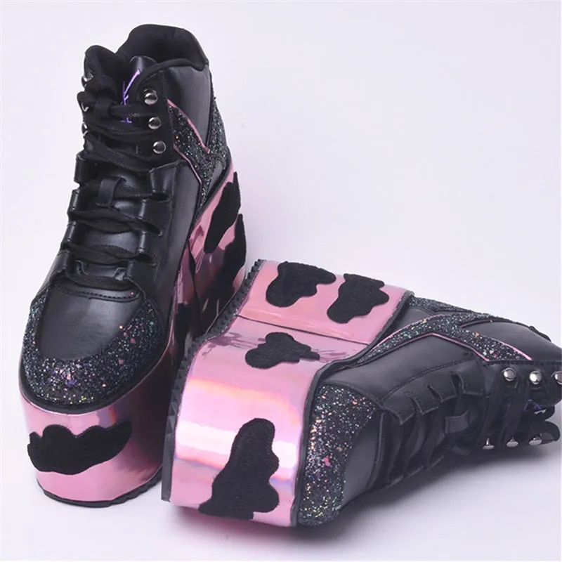 High Platform Cloud Sneakers Wedges Bling Bling Spice Girl Shoes Sky Platform Sneakers Laces High Heel Shoes Casual Street Shoes