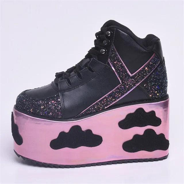 High Platform Cloud Sneakers Wedges Bling Bling Spice Girl Shoes Sky Platform Sneakers Laces High Heel Shoes Casual Street Shoes