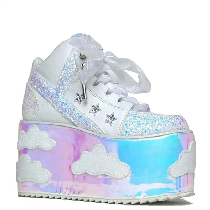 High Platform Cloud Sneakers Wedges Bling Bling Spice Girl Shoes Sky Platform Sneakers Laces High Heel Shoes Casual Street Shoes