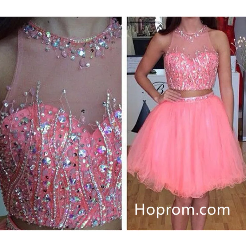 Hot Pink Two Pieces Homecoming Dress, Sequins Homecoming Dress