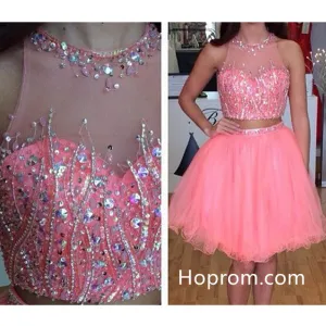 Hot Pink Two Pieces Homecoming Dress, Sequins Homecoming Dress