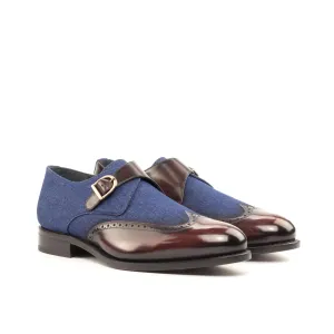 Jeans Fabric & Burgundy Patina Leather Single Monk
