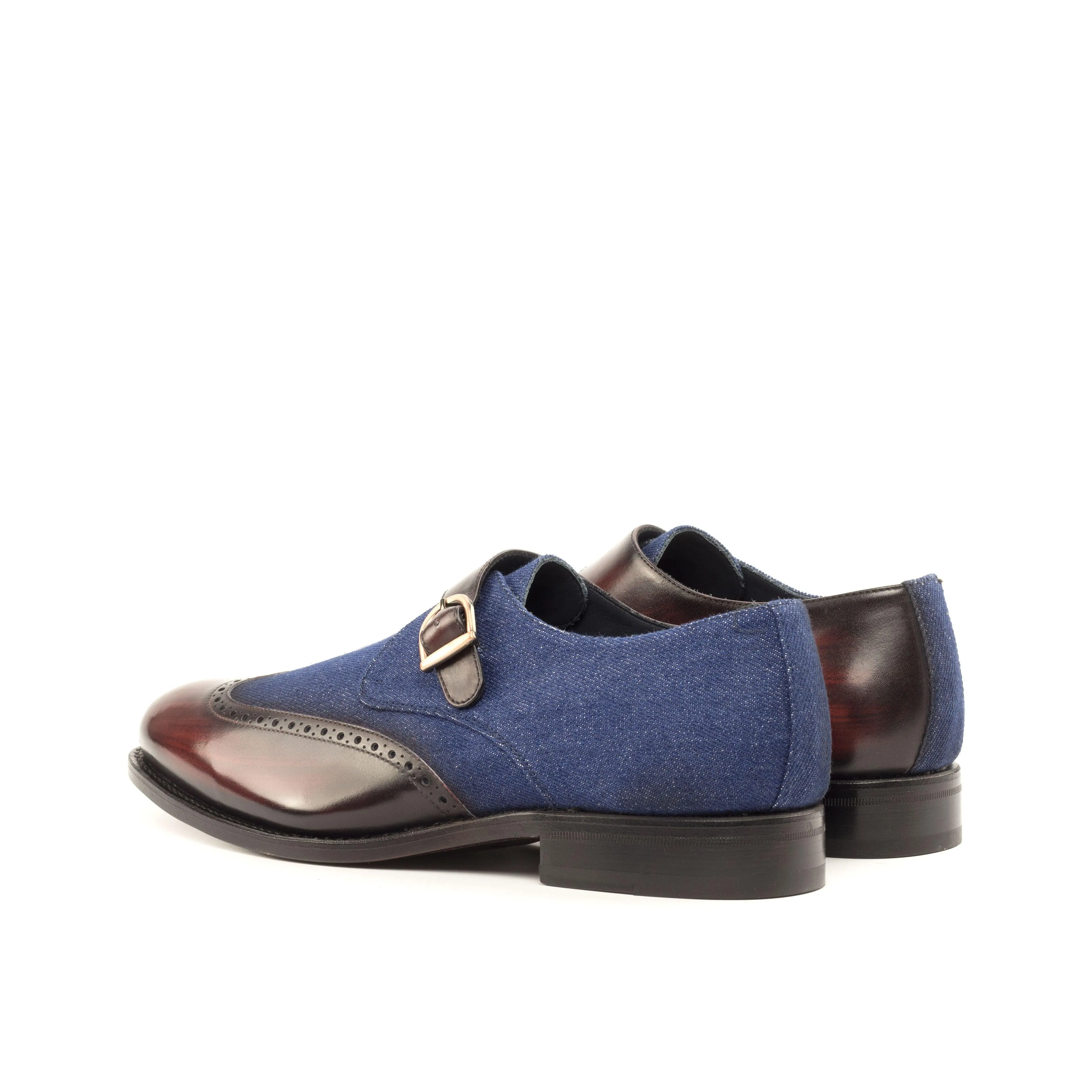 Jeans Fabric & Burgundy Patina Leather Single Monk