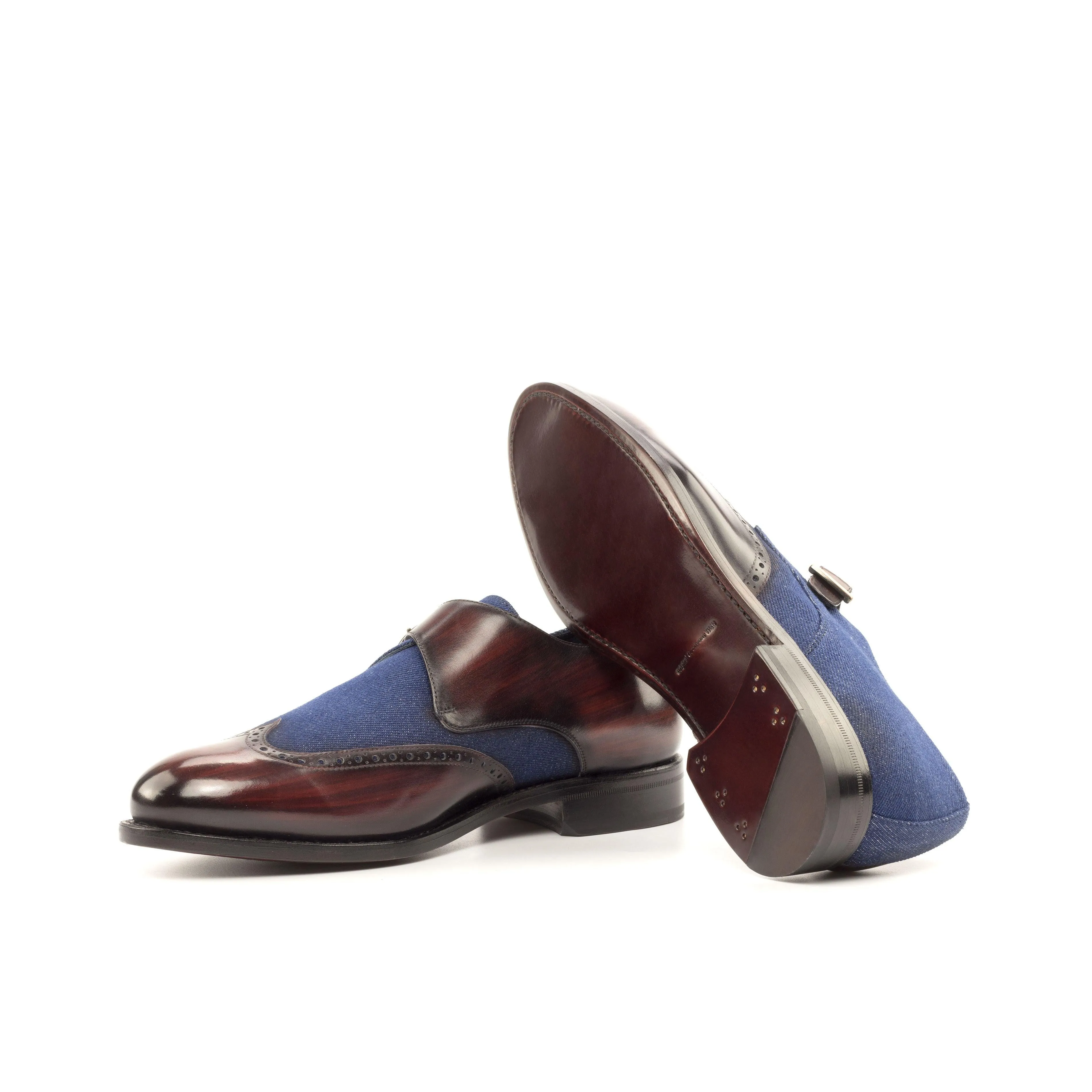 Jeans Fabric & Burgundy Patina Leather Single Monk