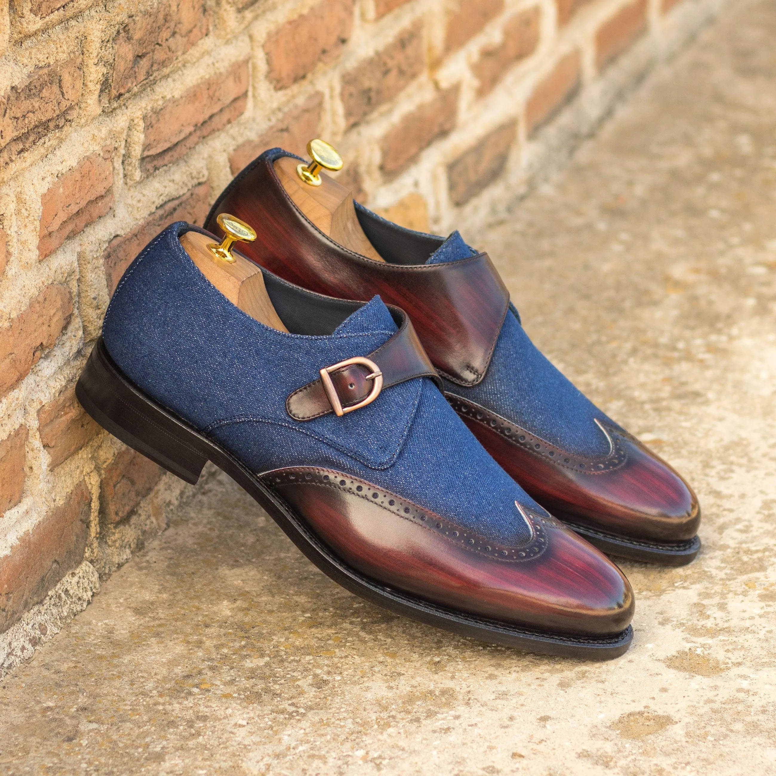 Jeans Fabric & Burgundy Patina Leather Single Monk