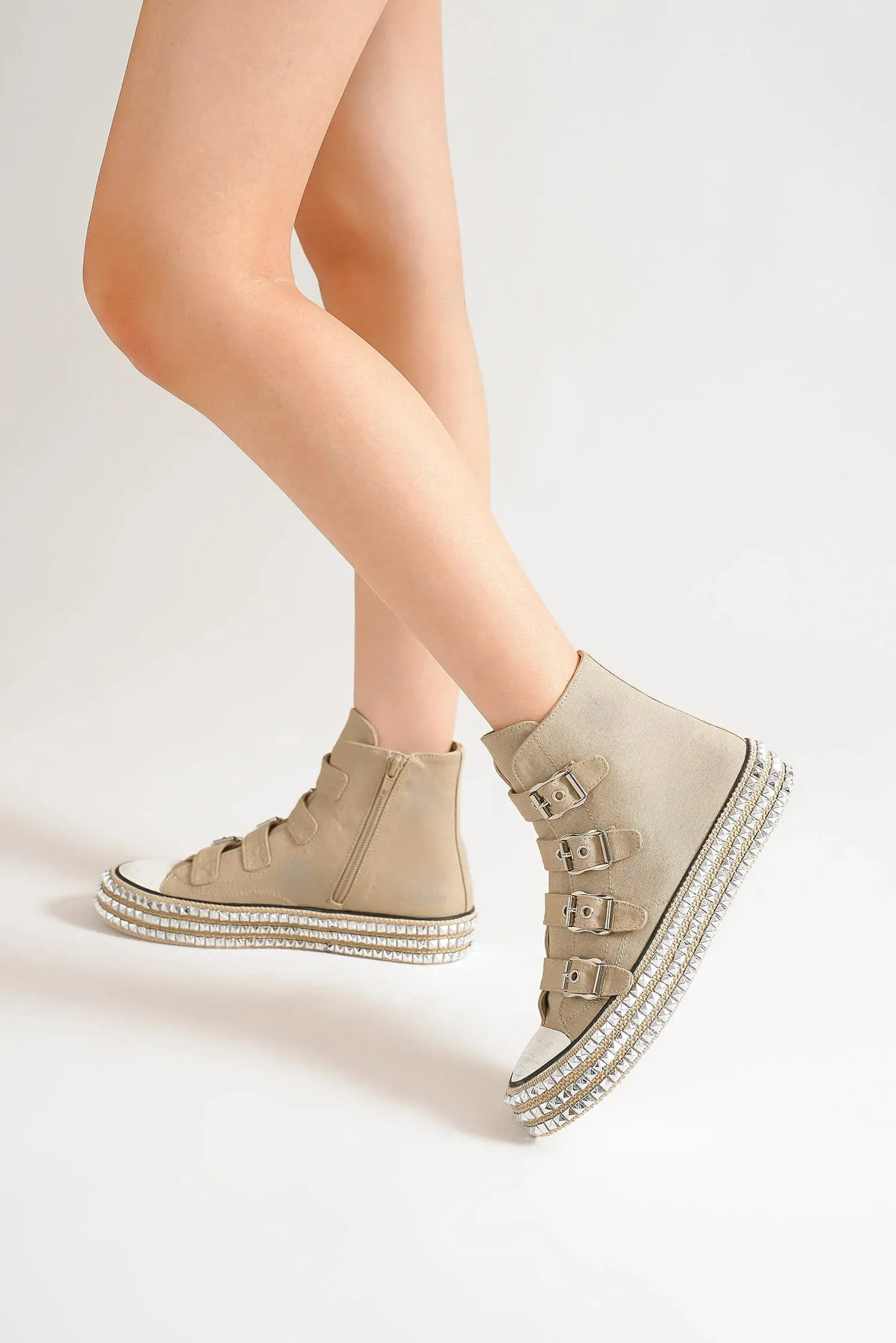 Khaki Multi-Buckle Straps Studded Platform Sneakers