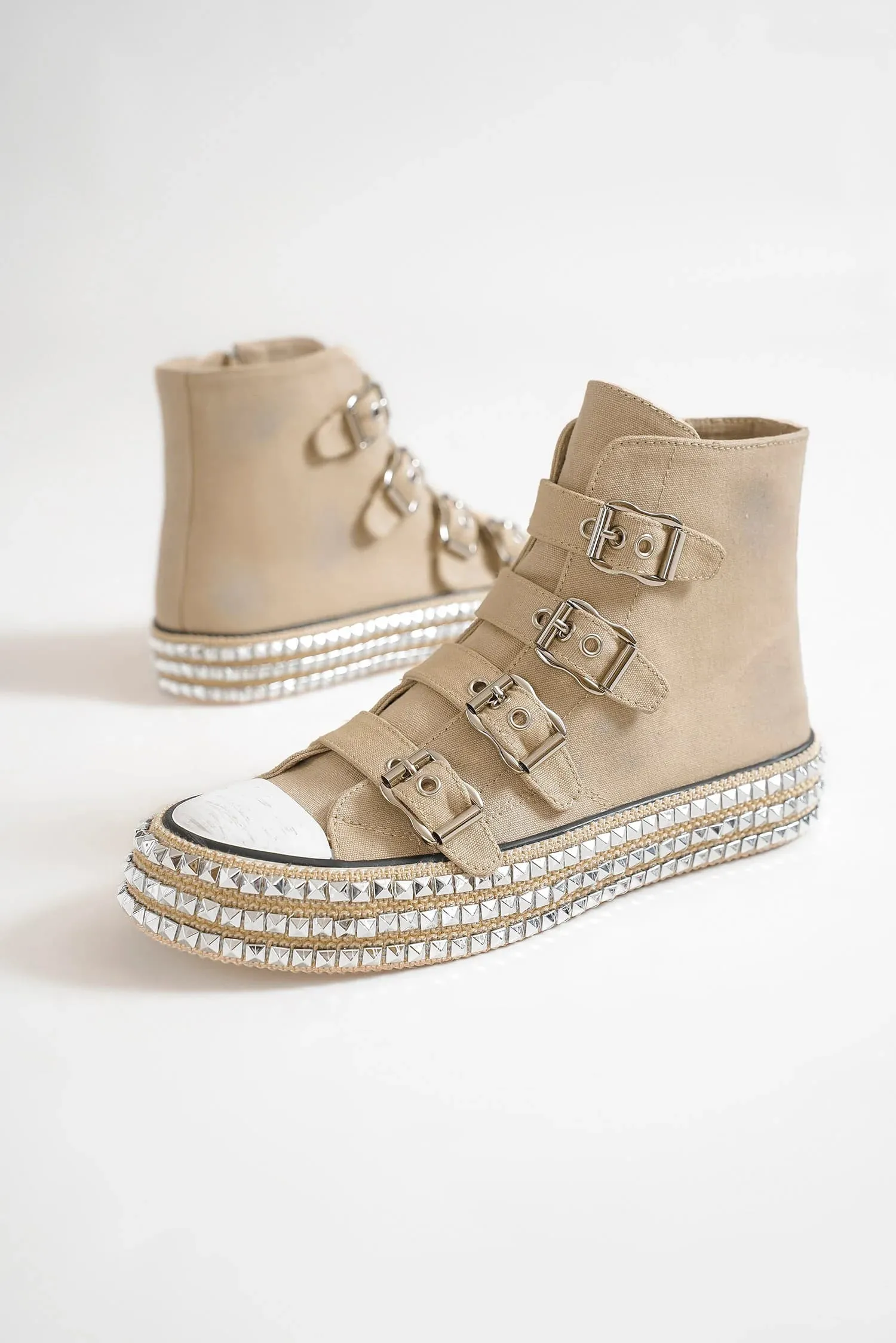 Khaki Multi-Buckle Straps Studded Platform Sneakers