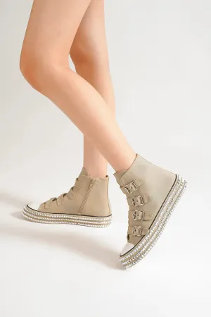 Khaki Multi-Buckle Straps Studded Platform Sneakers