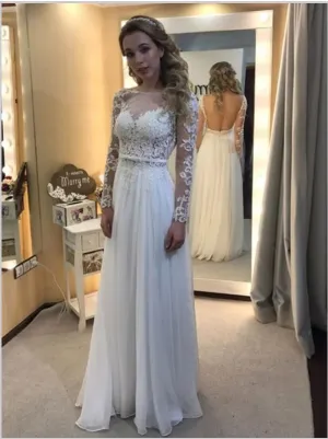 Lace Chiffon Bateau Long Sleeves Wedding Dresses Floor Length Ball Gown