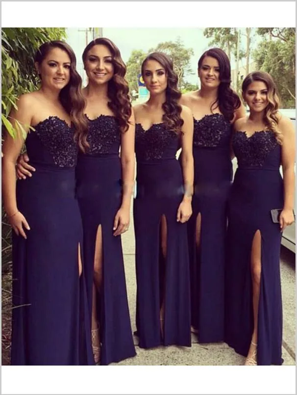 Lace Chiffon Strapless Floor Length Bridesmaid Dresses With Split