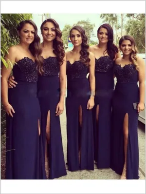 Lace Chiffon Strapless Floor Length Bridesmaid Dresses With Split