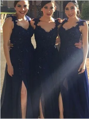 Lace Chiffon V-neck Bridesmaid Dresses,Sleeveless Floor Length Bridesmaid Dresses