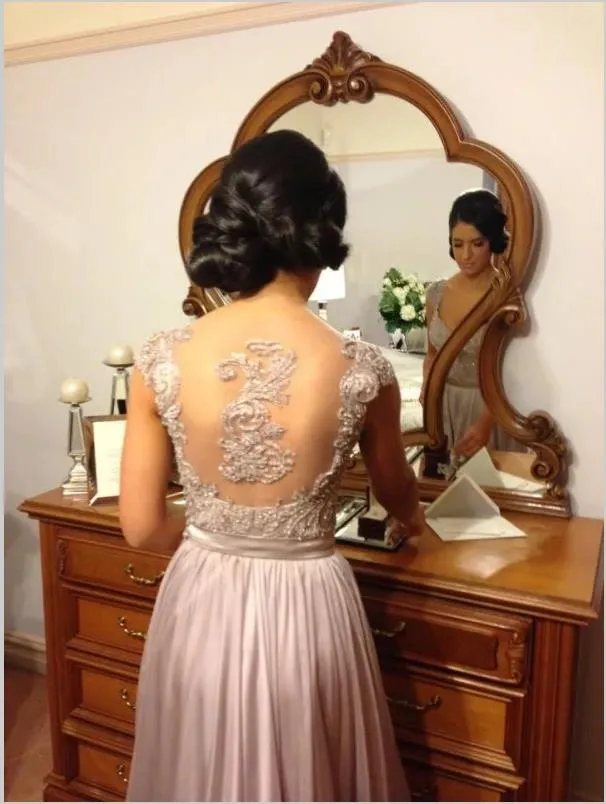 Lace Chiffon V-Neck Bridesmaid Dress,Sequins Cap Sleeves Bridesmaid Dress