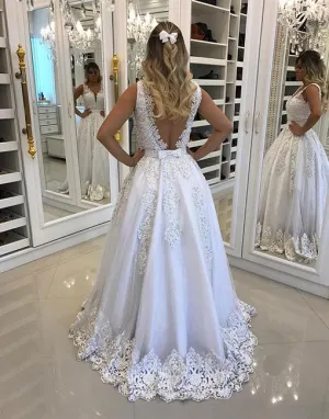 Lace Knot White Prom Dresses Cheap Backless V Neckline Evening Dresses For Wedding