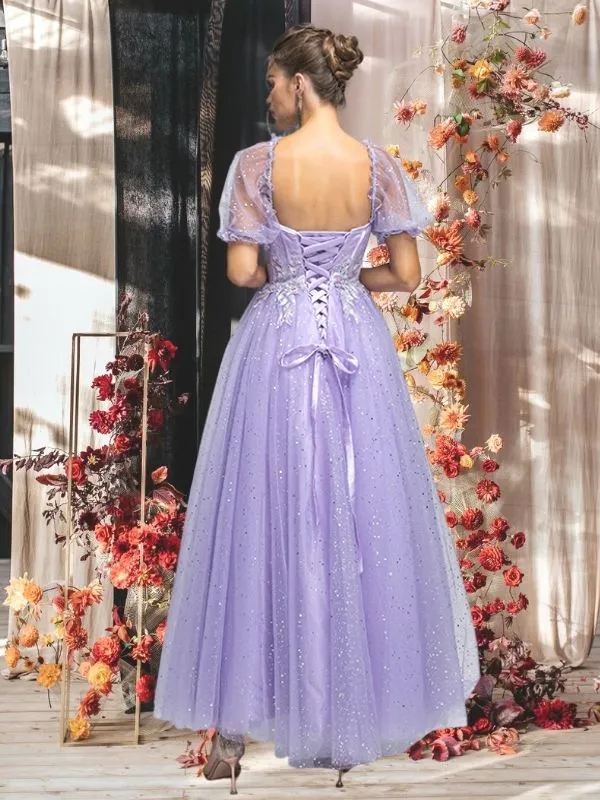 Lilac, Grey, Pink Off-shoulder Cute Lace Sparkly A-line Long Prom Dress, PD3572