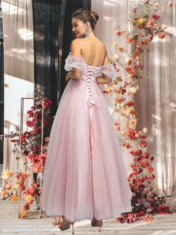Lilac, Grey, Pink Off-shoulder Cute Lace Sparkly A-line Long Prom Dress, PD3572