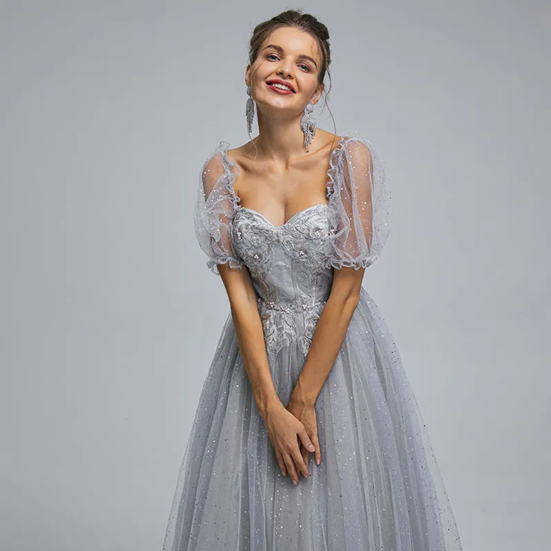 Lilac, Grey, Pink Off-shoulder Cute Lace Sparkly A-line Long Prom Dress, PD3572