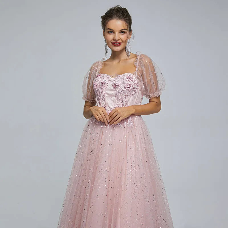 Lilac, Grey, Pink Off-shoulder Cute Lace Sparkly A-line Long Prom Dress, PD3572