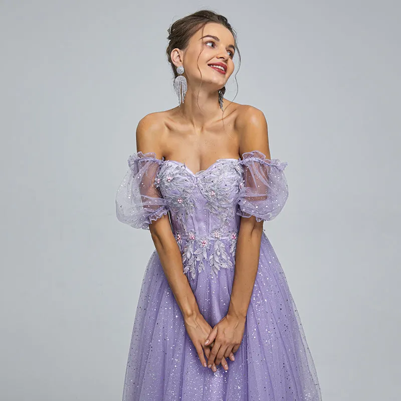 Lilac, Grey, Pink Off-shoulder Cute Lace Sparkly A-line Long Prom Dress, PD3572