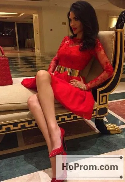 Long Sleeve Appliques Red Lace Prom Dresses Homecoming Dresses