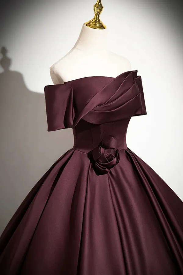 Lovely Off Shoulder Maroon Satin Long Party Dress, Maroon Prom Dress APP1008