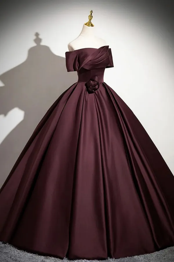 Lovely Off Shoulder Maroon Satin Long Party Dress, Maroon Prom Dress APP1008