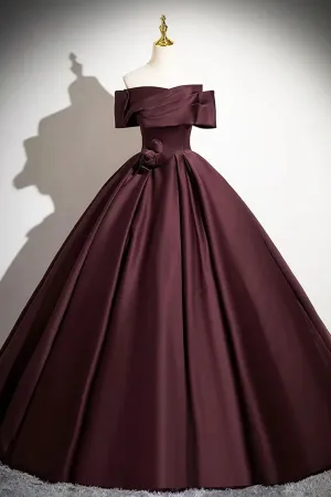 Lovely Off Shoulder Maroon Satin Long Party Dress, Maroon Prom Dress APP1008